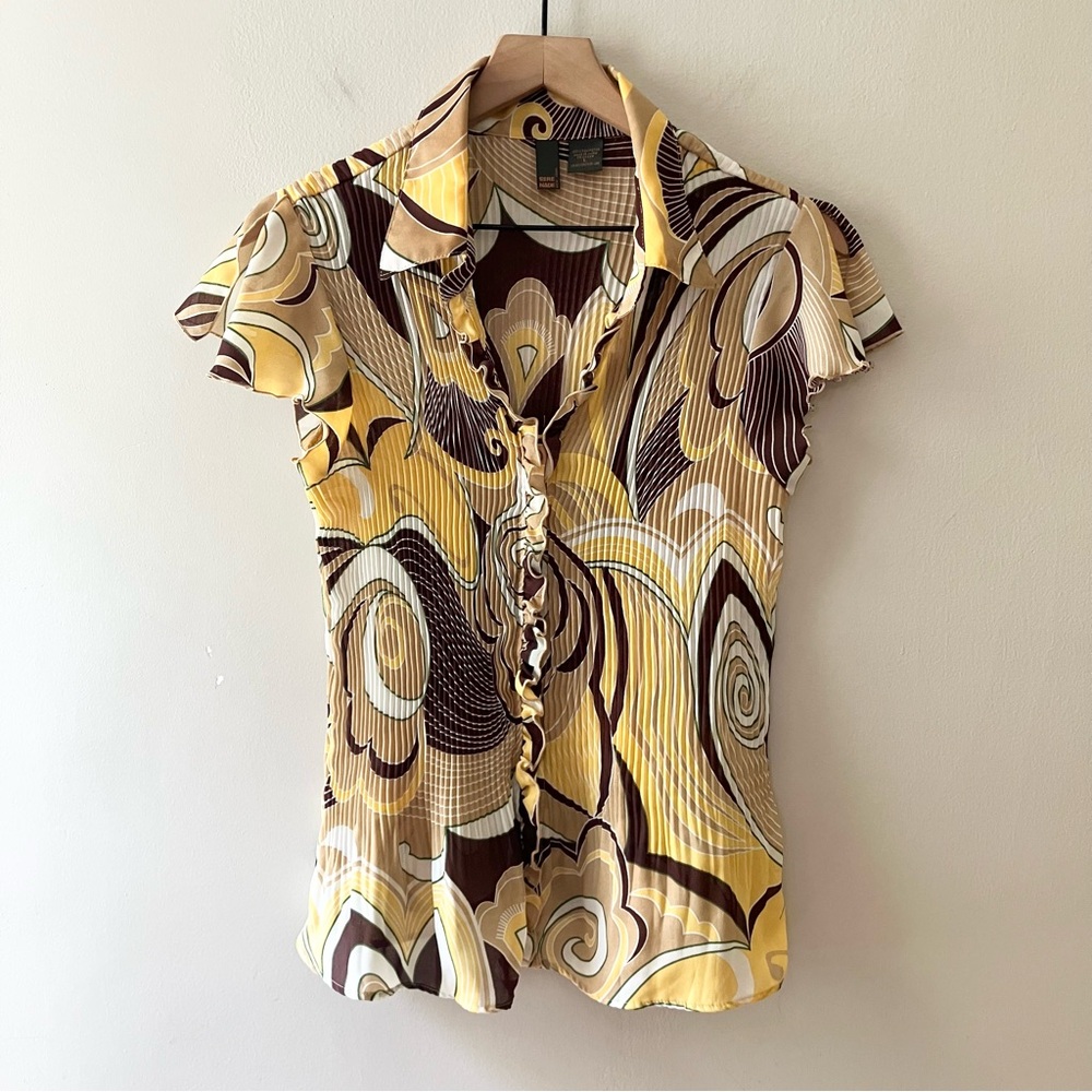 SERA NADE Y2K Retro Print Flutter Sleeve Crinkle Blouse